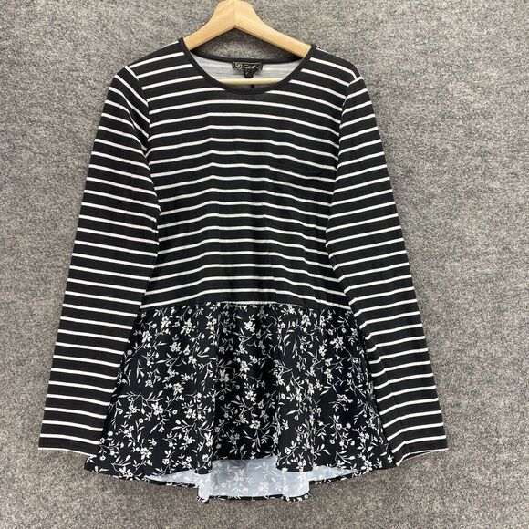 DG2 Tops - New DG2 Blouse Women M Medium Black Striped Long Sleeve Round Neck Rayon Casual